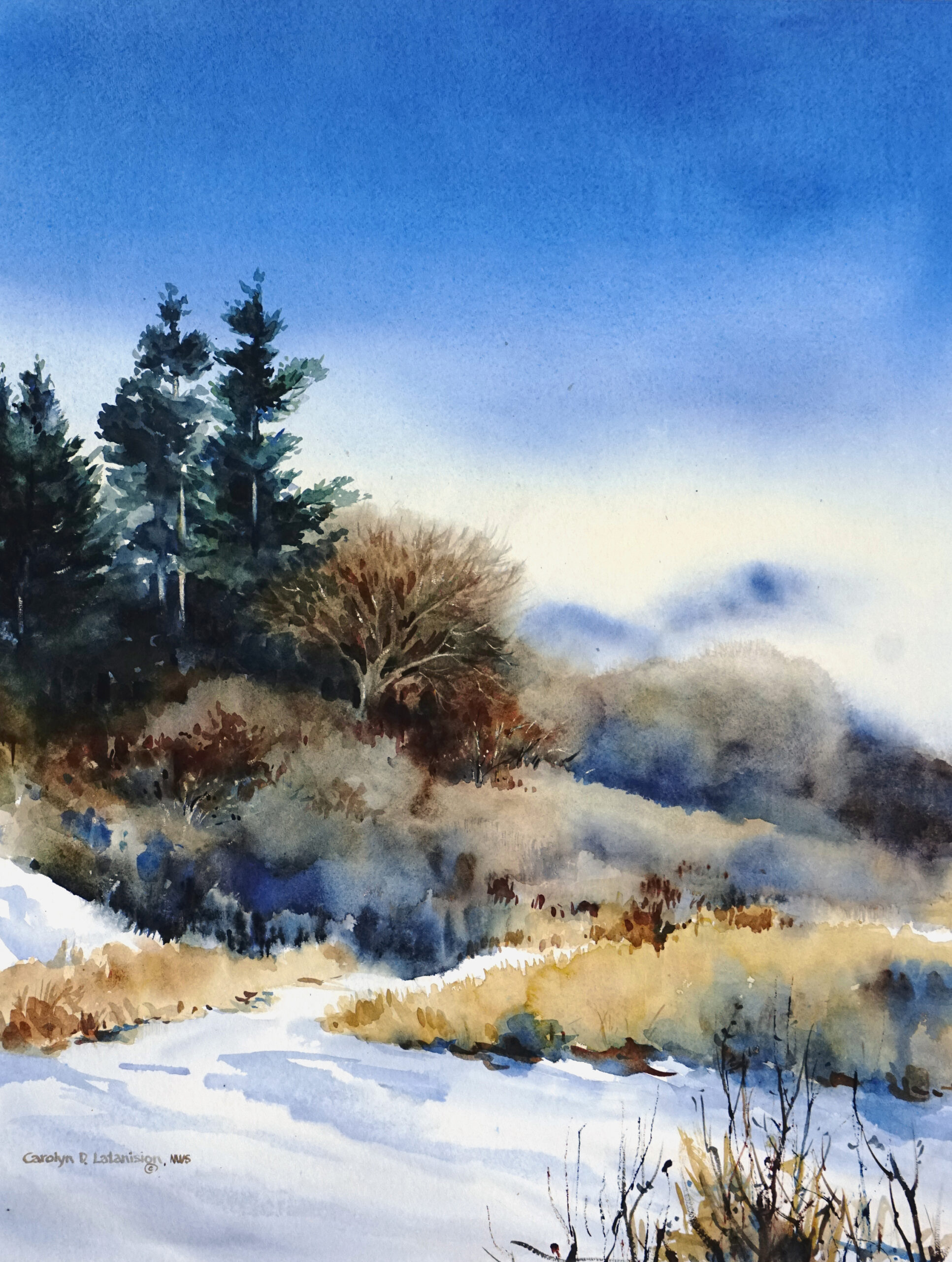 8. Carolyn Latanision, "Winter Colors," 2021, watercolor, 29 x 21 in., Private collection, Studio from plein air study