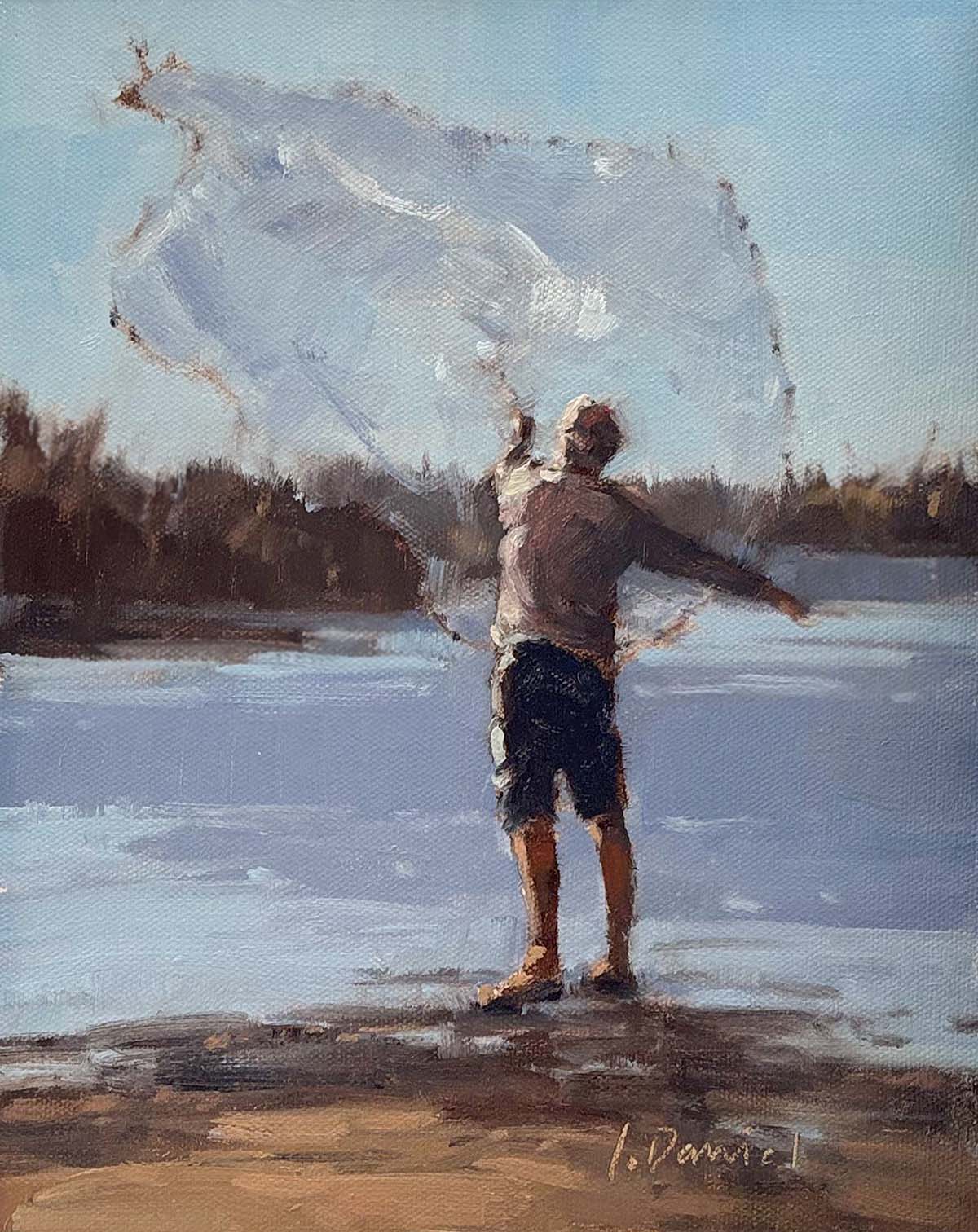 oil painting of person fly fishing
