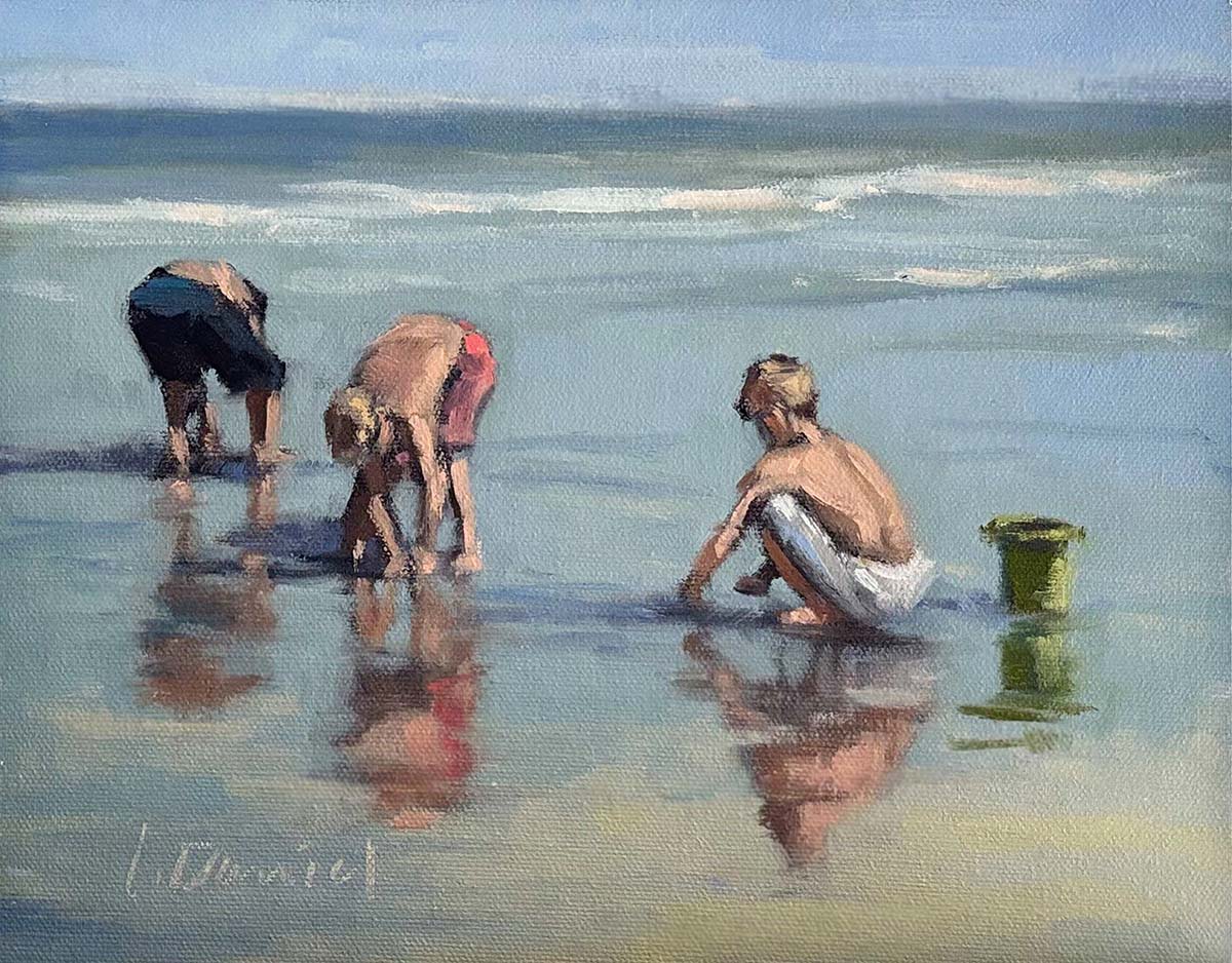 oil painting of children playing in sand at beach