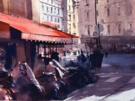 Alex Hillkurtz, "L’horizon," 2020, watercolor and ink, 14 x 30 in. , private collection, studio