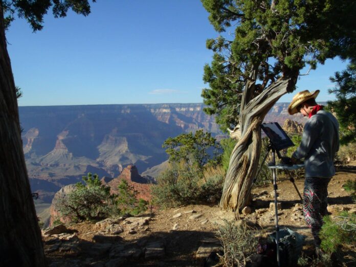 Painting road trip - Emma Kalff doing a plein-air painting on the edge of the Grand Canyon.