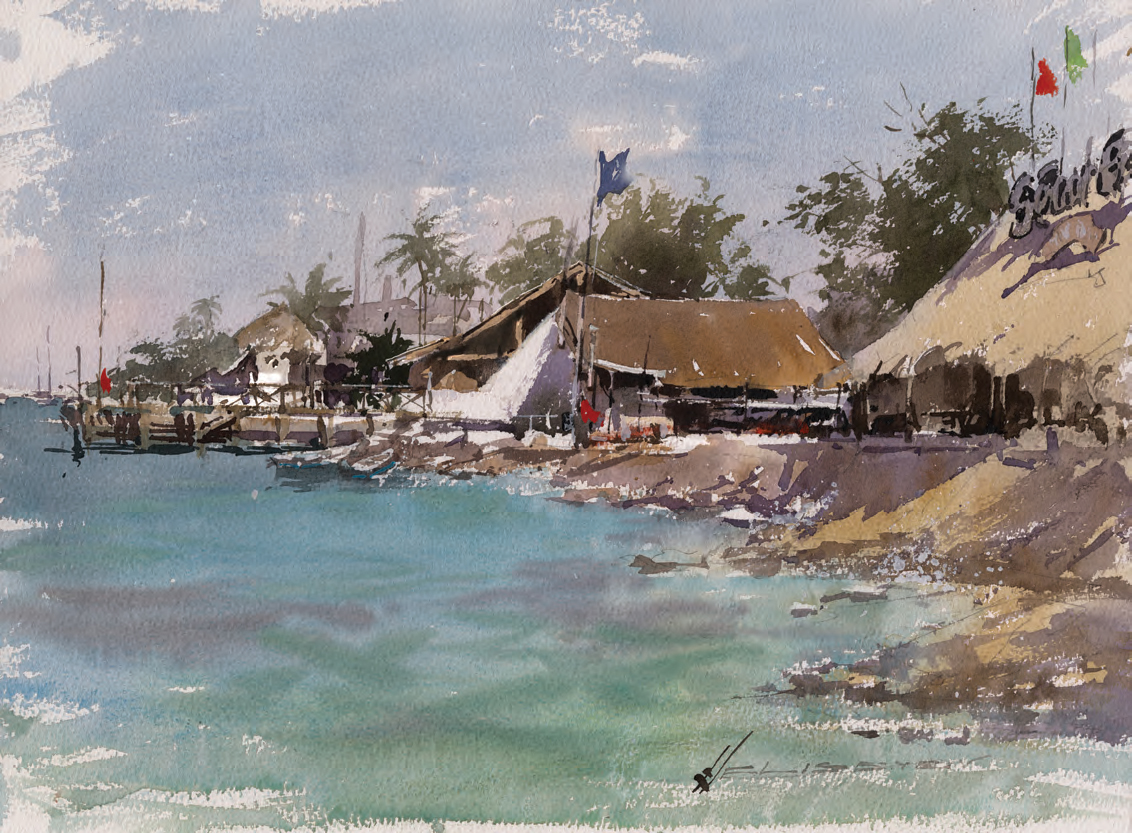 Vladislav Yeliseyev, "At the Water's Edge," 2023, watercolor, 12 x 16 in., available from artist, plein air