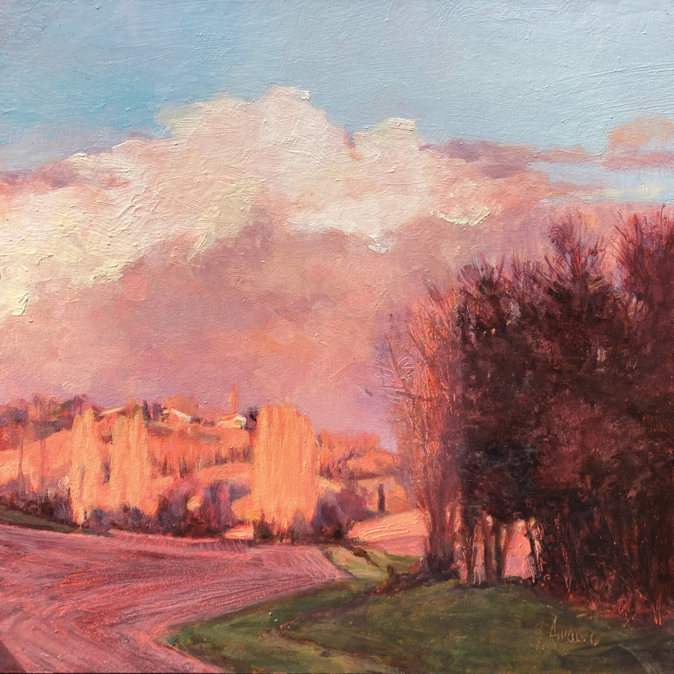 Sophie Amauger, "Setting Sun in Poplars," 2021, oil, 12 x 12 in., Available from artist, Plein air