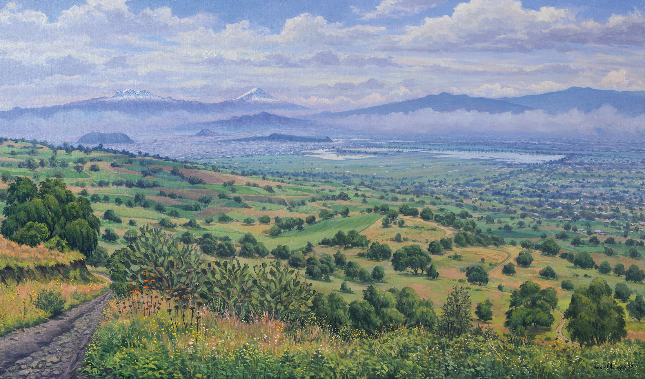 Jorge Obregón, "Valle de México desde las Faldas del Tetlalmanche en Tlahuac," 2022, oil, 31 1/2 x 53 1/2 in., available from artist, plein air