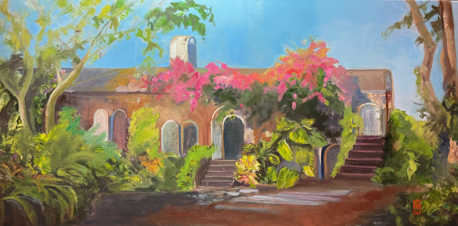 Katherine Jennings, “Remains of the Nevis Sugar Mill,” 2025, oil, 18 x 36 in., Available from artist, Studio from plein air study