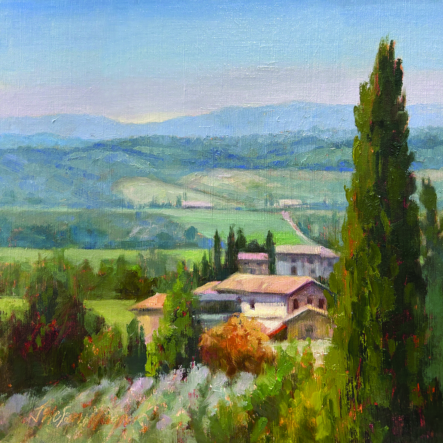 Jill Stefani Wagner, “Pienza Afternoon,” 2024, oil, 12 x 12 in., Private collection, Studio