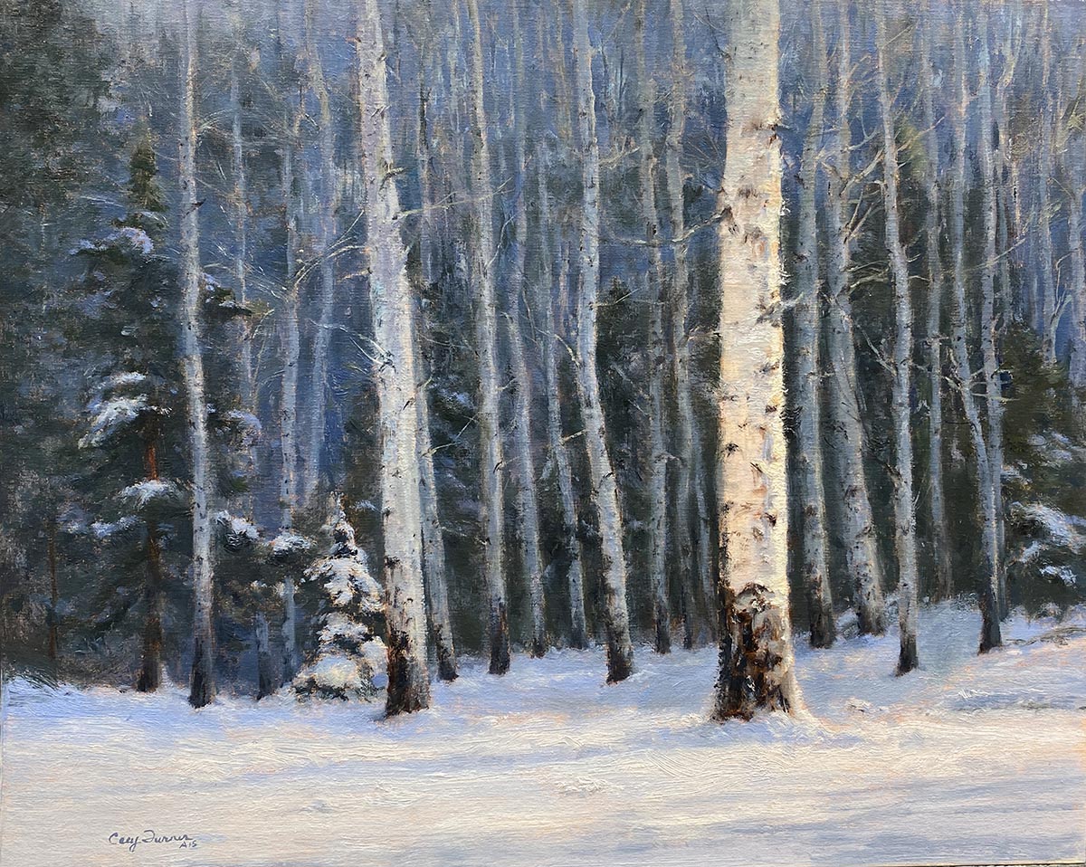 oil painting of forest trees during winter