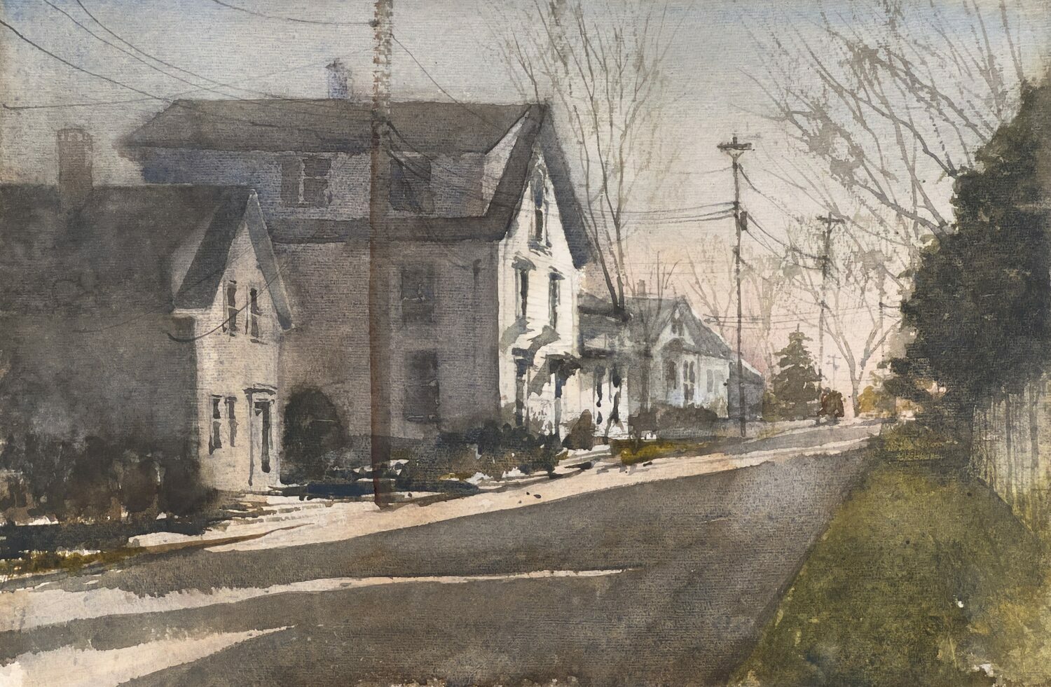 A watercolor painting of a quiet suburban street with several white houses on the left, bare trees, telephone poles, and a patchy lawn, under a soft, overcast sky. 15th Annual PleinAir Salon Art Competition