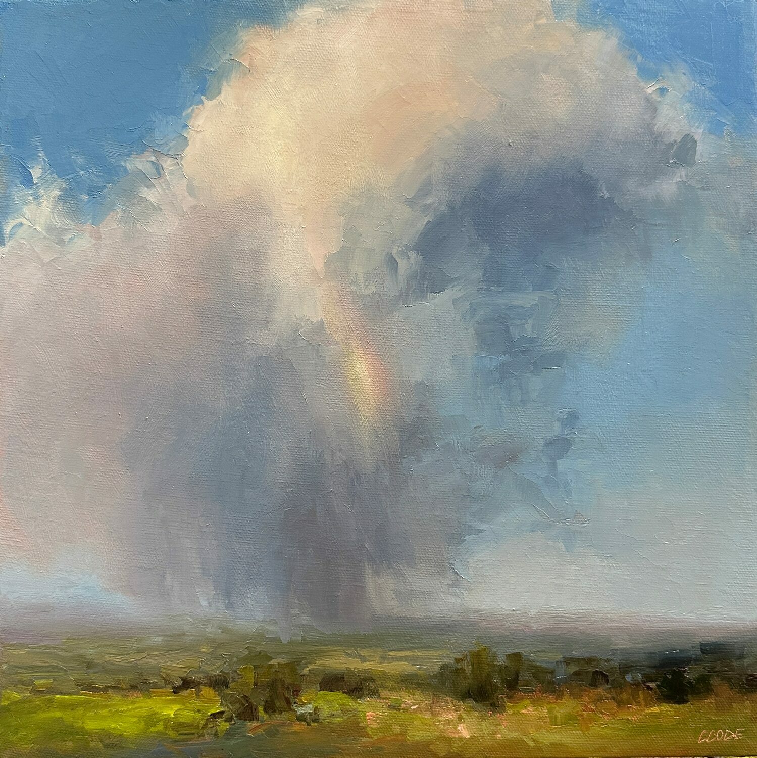 A landscape painting shows a vast green field under a blue sky, with a large, billowing cloud and hints of a rainbow. Sunlight and shadow play across the grass, creating a peaceful, atmospheric scene. 15th Annual PleinAir Salon Art Competition