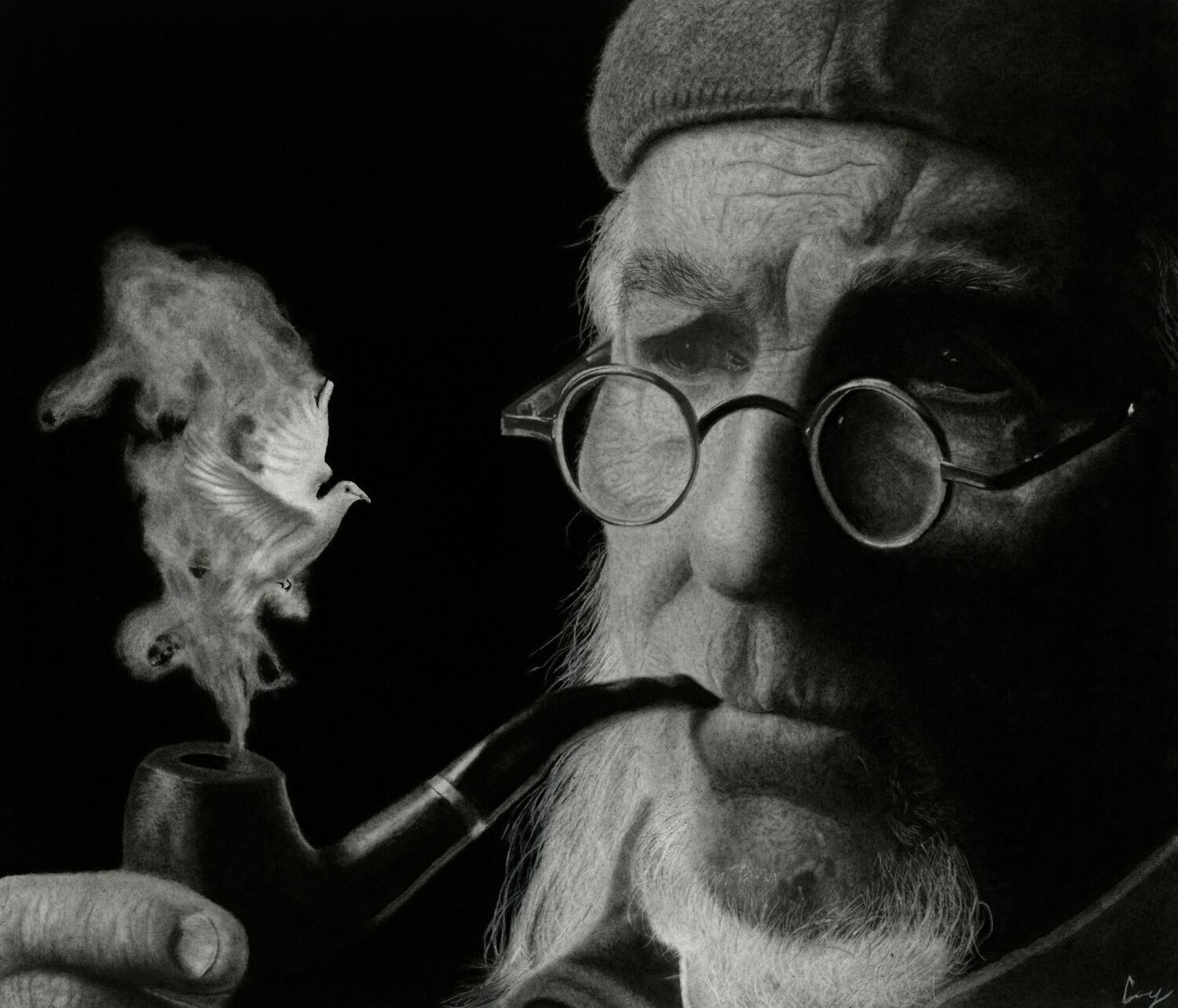 An older man with glasses and a beard smokes a pipe. The pipe’s smoke forms the shapes of birds and a flying dove against a dark background. 15th Annual PleinAir Salon Art Competition