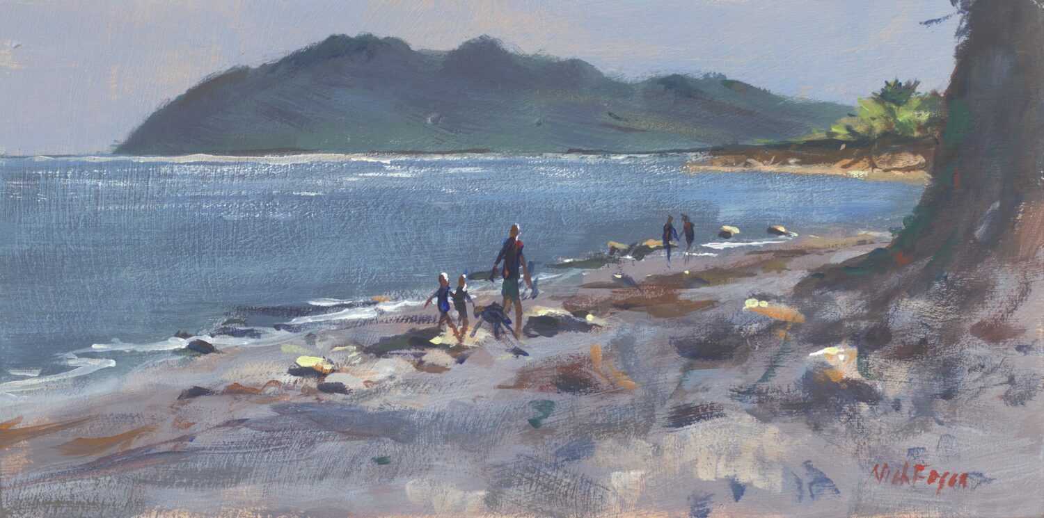 An impressionistic painting of people walking along a rocky beach with a tree in the foreground, calm blue water, and a hazy green island in the background under a cloudy sky. 15th Annual PleinAir Salon Art Competition