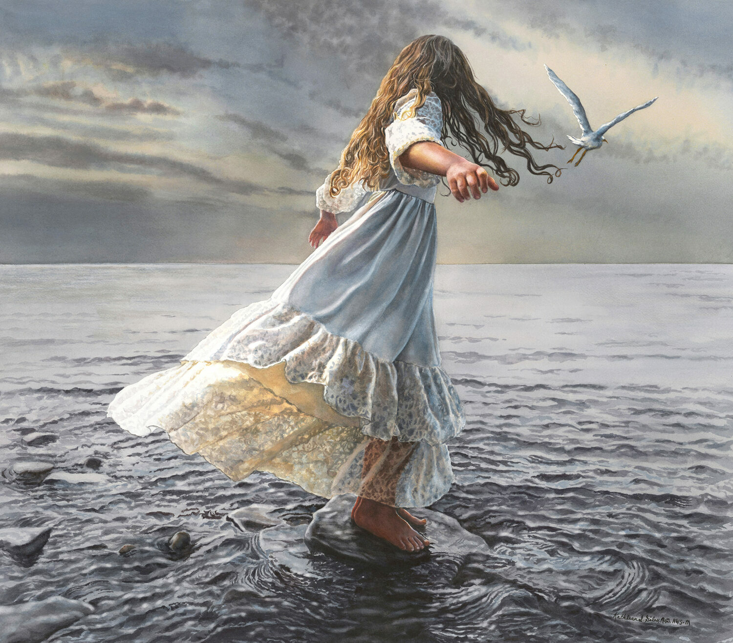 A barefoot girl in a white dress stands on wet rocks by the sea, reaching out as her long hair blows in the wind. A seagull flies nearby under a dramatic, cloudy sky. 15th Annual PleinAir Salon Art Competition