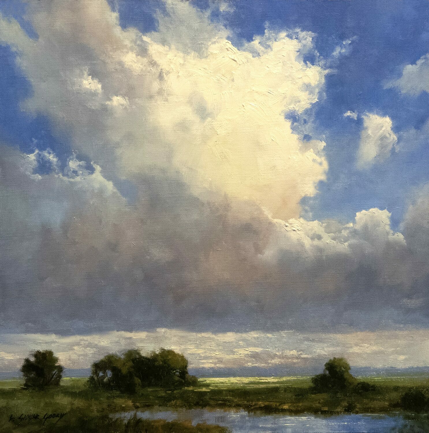 A landscape painting of a wide, open sky with large, fluffy clouds above a grassy field and a reflective pond, with clusters of trees in the distance. 15th Annual PleinAir Salon Art Competition