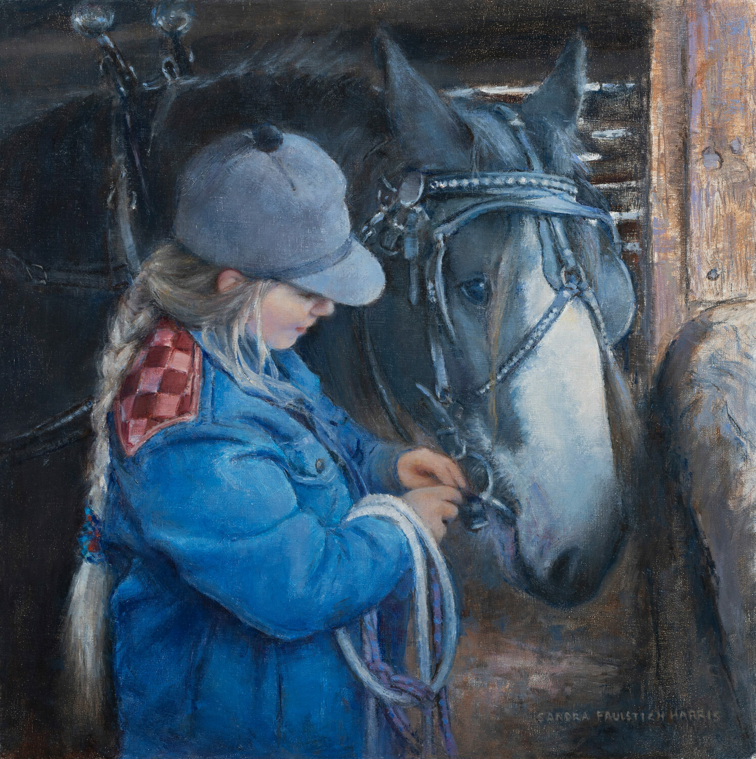 A young girl in a blue jacket and gray cap stands beside a harnessed horse in a stable, gently holding the horses muzzle. The scene is softly lit, conveying a sense of calm and connection. 15th Annual PleinAir Salon Art Competition