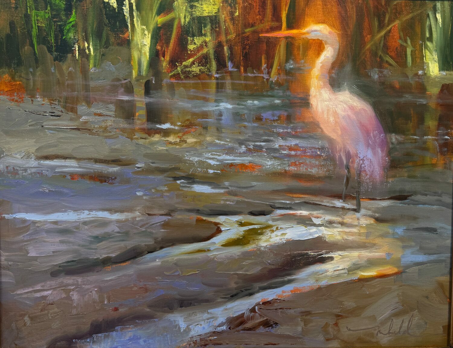 A painting of a white heron standing in shallow water, surrounded by a forest with green and orange foliage, with reflections and soft, blurred brushstrokes creating a dreamy, tranquil atmosphere. 15th Annual PleinAir Salon Art Competition