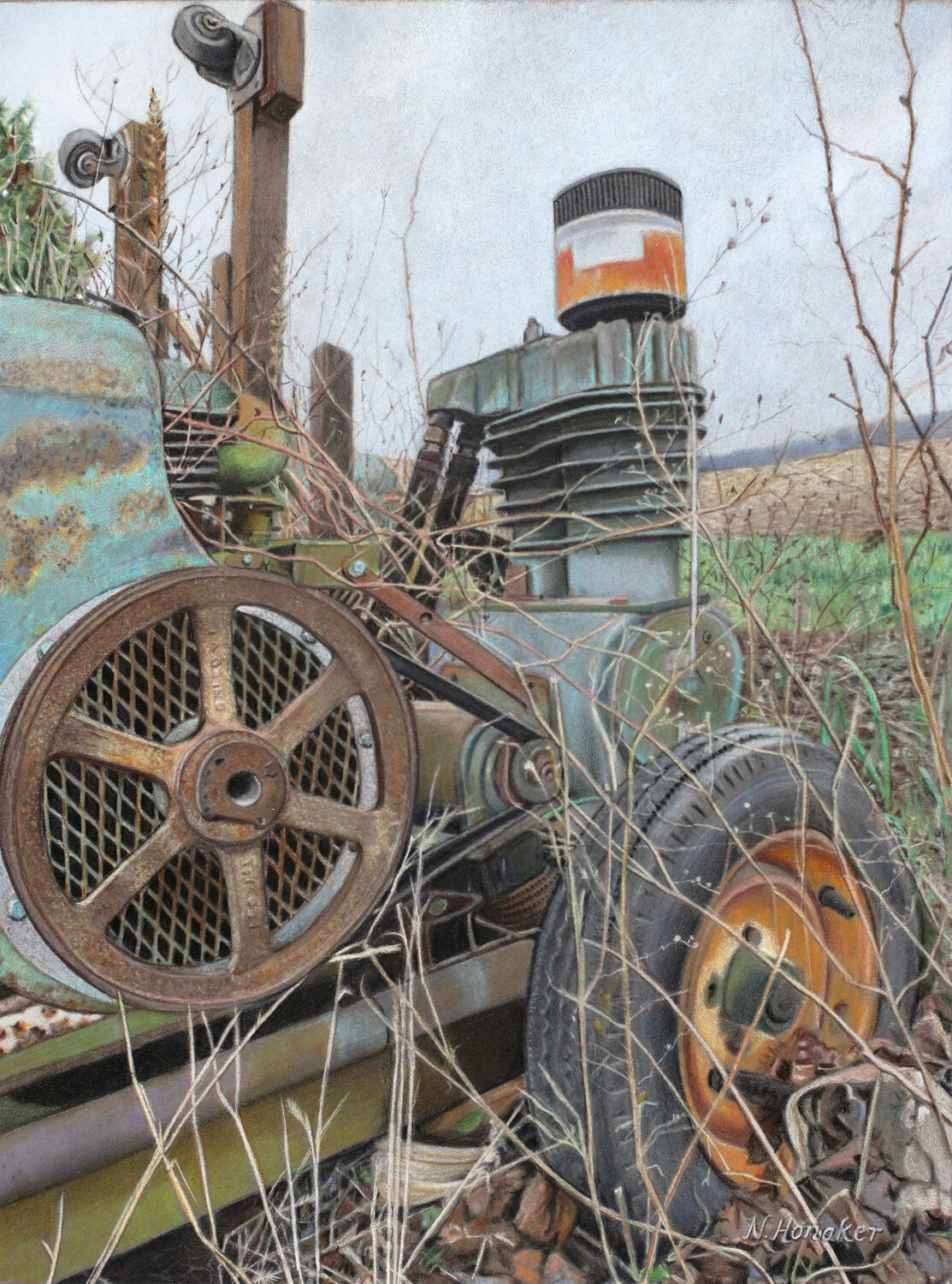 An old, rusted machine with large wheels and a cylindrical component is overgrown with dry weeds, sitting abandoned in a field with faded grass and a cloudy sky in the background. 15th Annual PleinAir Salon Art Competition
