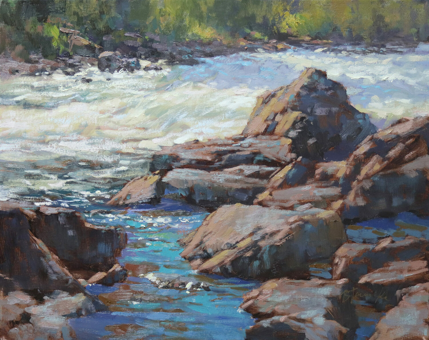 A painting of a river with white, rushing water flowing over large, sunlit rocks. The water has blue and turquoise tones, and the background features green trees under soft, natural light. 15th Annual PleinAir Salon Art Competition