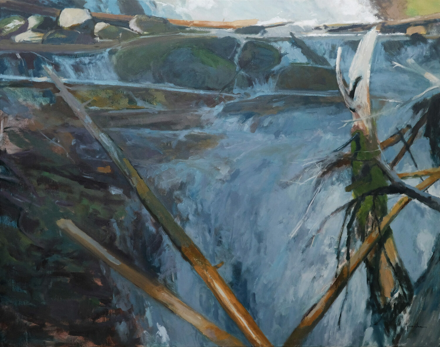 A painting of a flowing river with rocks and fallen tree branches in the water, creating a sense of movement and natural chaos. The scene is rendered in cool blues, greens, and earthy tones. 15th Annual PleinAir Salon Art Competition