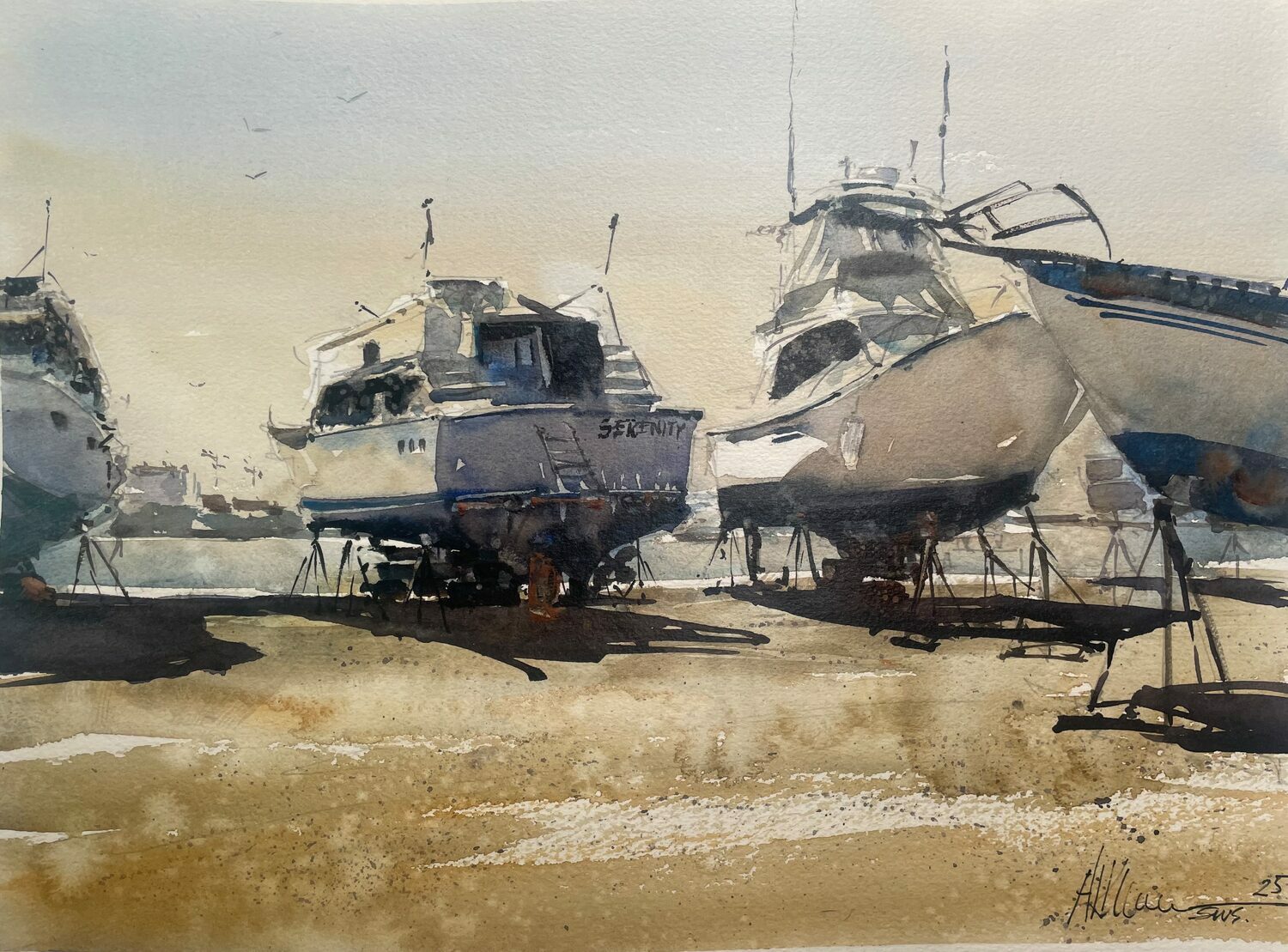 Watercolor painting of several boats on dry land, propped up on stands. The central boat has the name SERENITY. The scene is sunlit, with shadows cast on the sandy ground and a light sky above. 15th Annual PleinAir Salon Art Competition