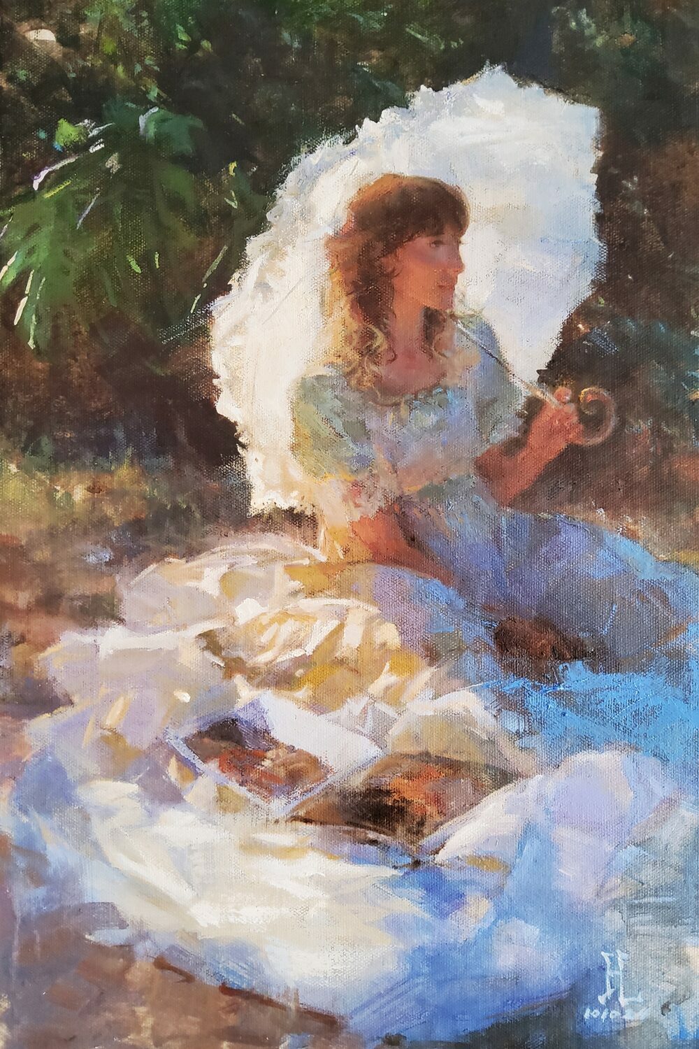 A woman in a flowing white dress sits outdoors on the grass, holding a white parasol. Sunlight filters through the trees, casting dappled light and shadows across her and the scene. 15th Annual PleinAir Salon Art Competition
