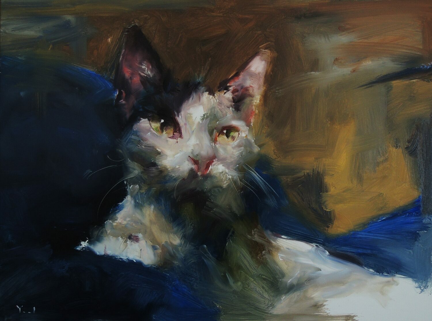 An impressionist-style painting of a cat with white and dark fur, lying on a blue surface. The background features warm brown and yellow brushstrokes, creating a soft, dreamy atmosphere. 15th Annual PleinAir Salon Art Competition