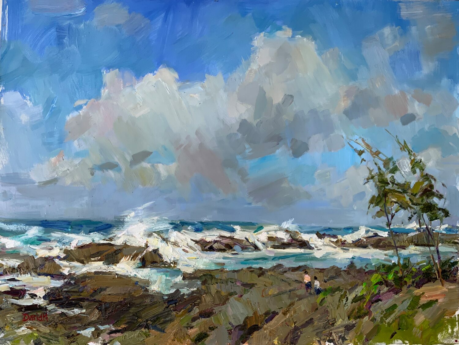 An impressionist painting of a rocky seashore under a blue sky with scattered clouds. Waves crash on rocks, and two small figures stand near the shore beside a cluster of windswept trees. 15th Annual PleinAir Salon Art Competition