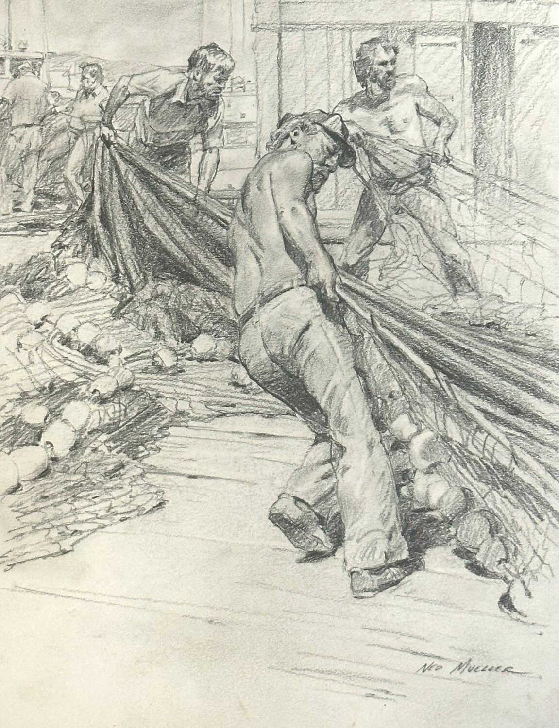 A pencil drawing of three men pulling in a large fishing net on a dock. Two men stand in the background, while one man in the foreground is shirtless and bent over, tugging on the net. Floats are attached to the net. 15th Annual PleinAir Salon Art Competition