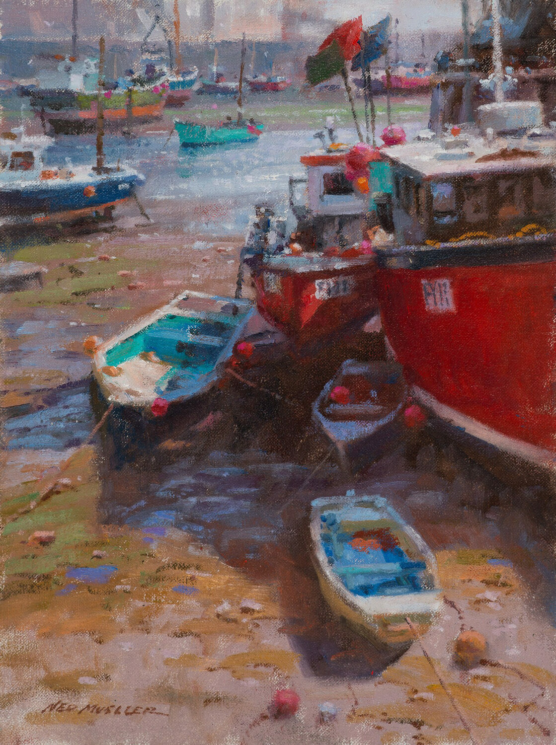 Several colorful boats, including two red ones and small blue dinghies, are moored at low tide on a muddy shore, with water and more boats in the background under a hazy sky. 15th Annual PleinAir Salon Art Competition