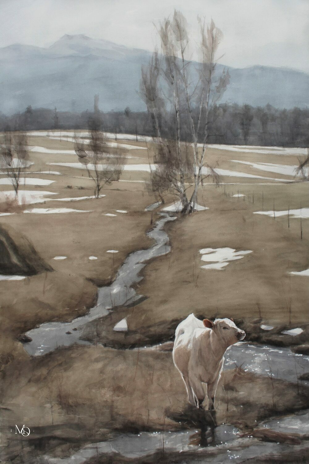 A cow stands near a small stream in a snowy, early spring meadow with patches of grass and melting snow. Bare trees and distant mountains appear under a cloudy sky. 15th Annual PleinAir Salon Art Competition