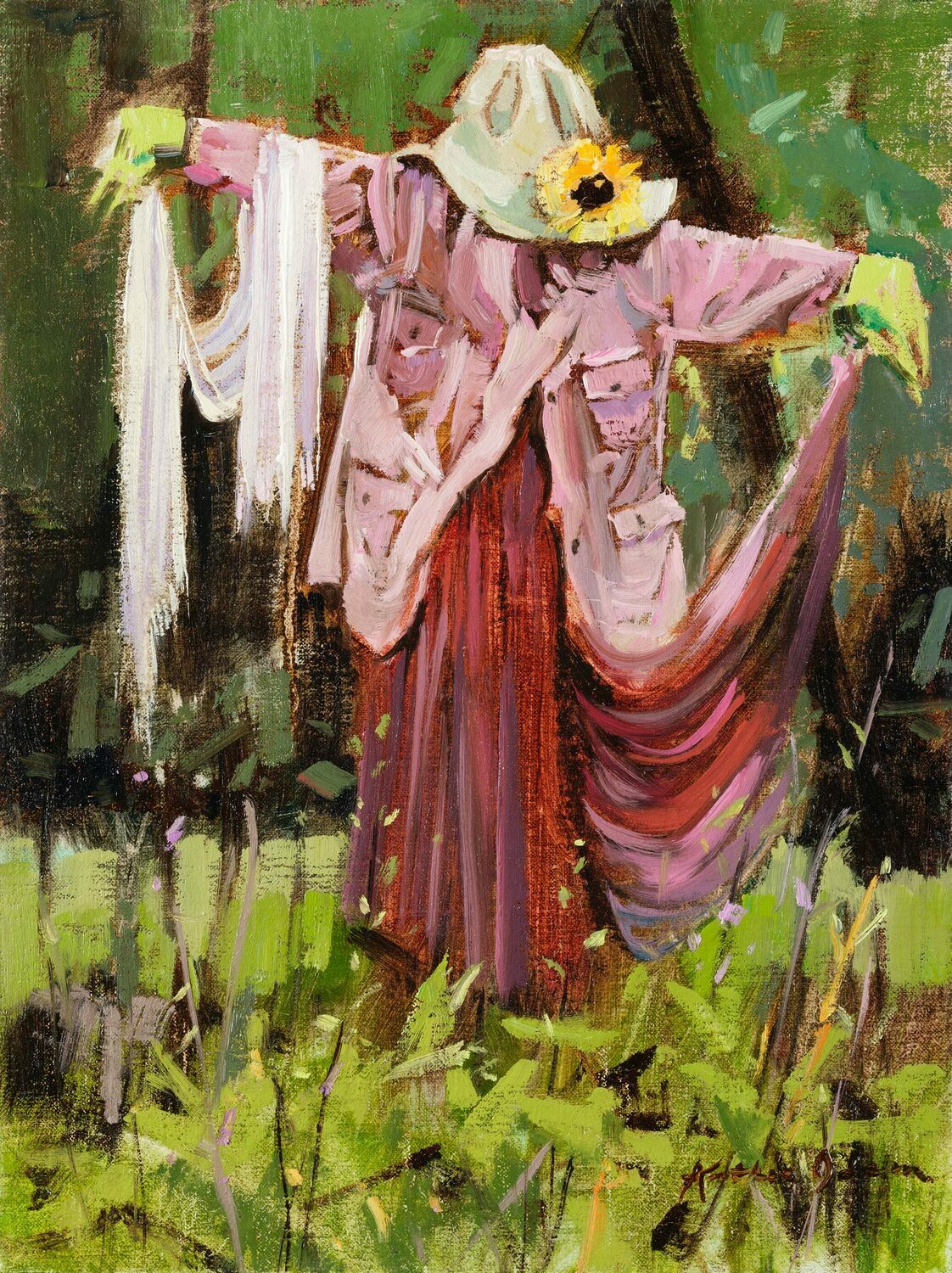 A scarecrow with a beige hat, a sunflower, a pink jacket, and a long red skirt stands in a grassy field with trees in the background, arms outstretched, holding a white cloth. 15th Annual PleinAir Salon Art Competition