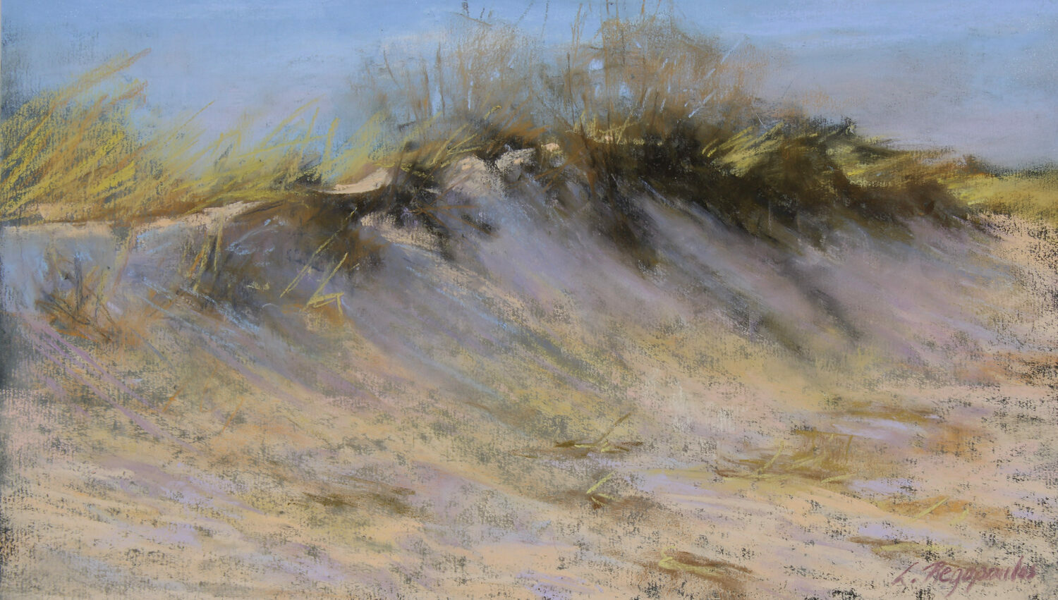 A pastel painting of a sandy dune with grass, casting long shadows across the ground under a clear blue sky. The scene has soft, earthy tones and textured brushstrokes, evoking a calm, natural landscape. 15th Annual PleinAir Salon Art Competition