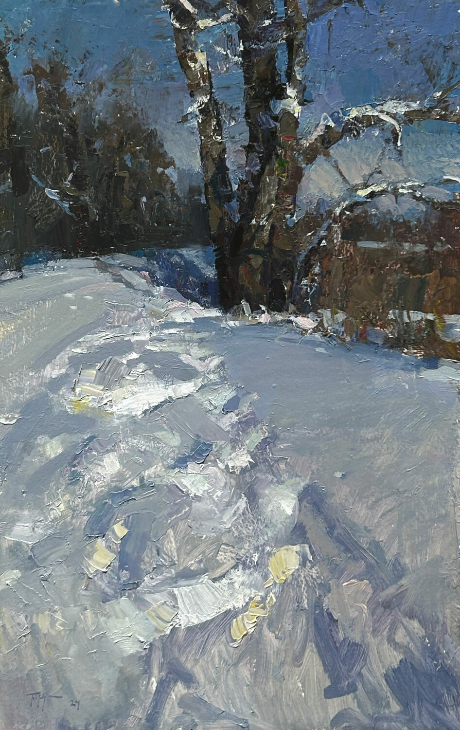 A winter scene with deep snow covering the ground, visible footprints leading toward a group of trees and a house partially hidden by snow, all under a clear, pale blue sky. 15th Annual PleinAir Salon Art Competition