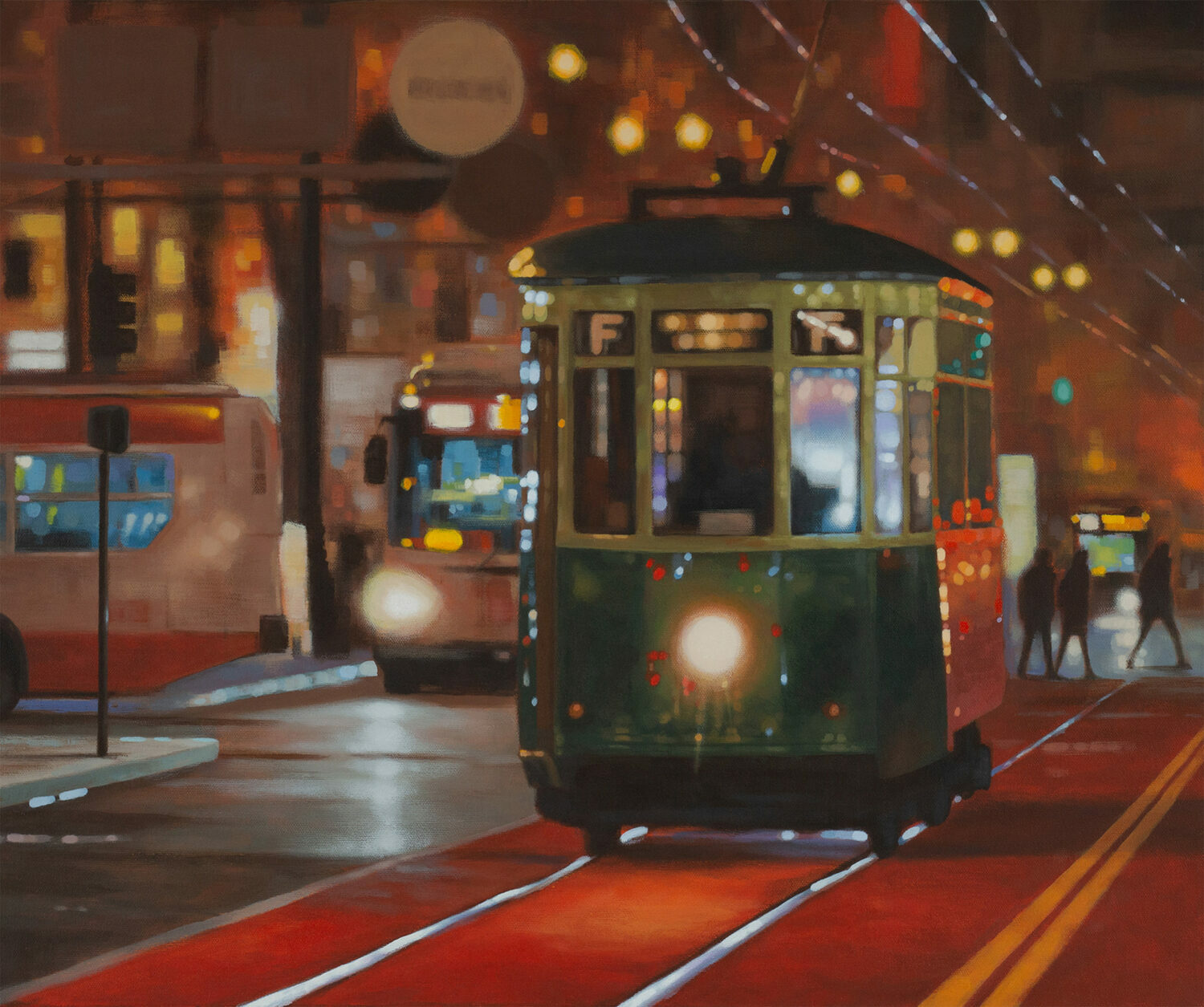 A green streetcar travels down city tracks at night, illuminated by bright streetlights and surrounded by glowing traffic, with blurred figures walking nearby. 15th Annual PleinAir Salon Art Competition