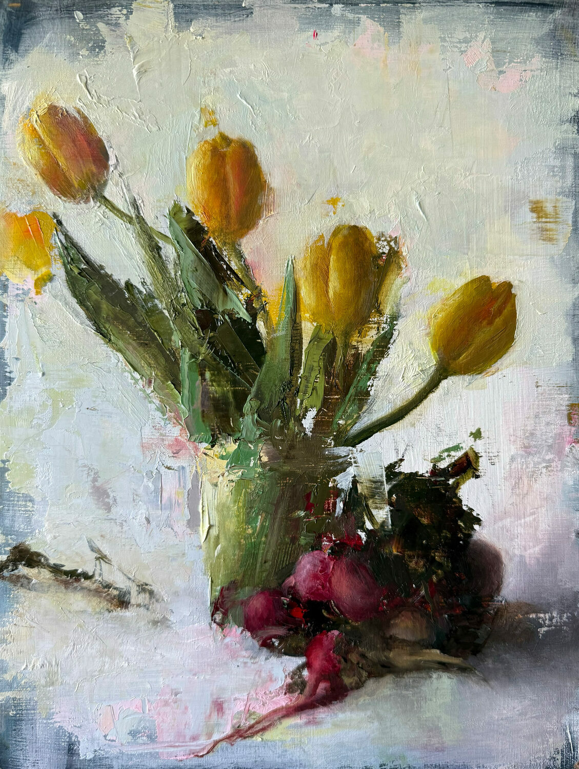A textured painting of yellow tulips in a glass vase, surrounded by leafy greens and red radishes, set against a soft, muted background with brushstrokes adding depth and movement. 15th Annual PleinAir Salon Art Competition