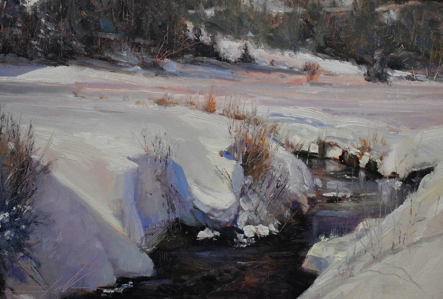 A snowy winter landscape with a small stream winding through snow-covered banks, surrounded by patches of dry grass and trees in the background. The scene is tranquil and painted in soft, muted colors. 15th Annual PleinAir Salon Art Competition