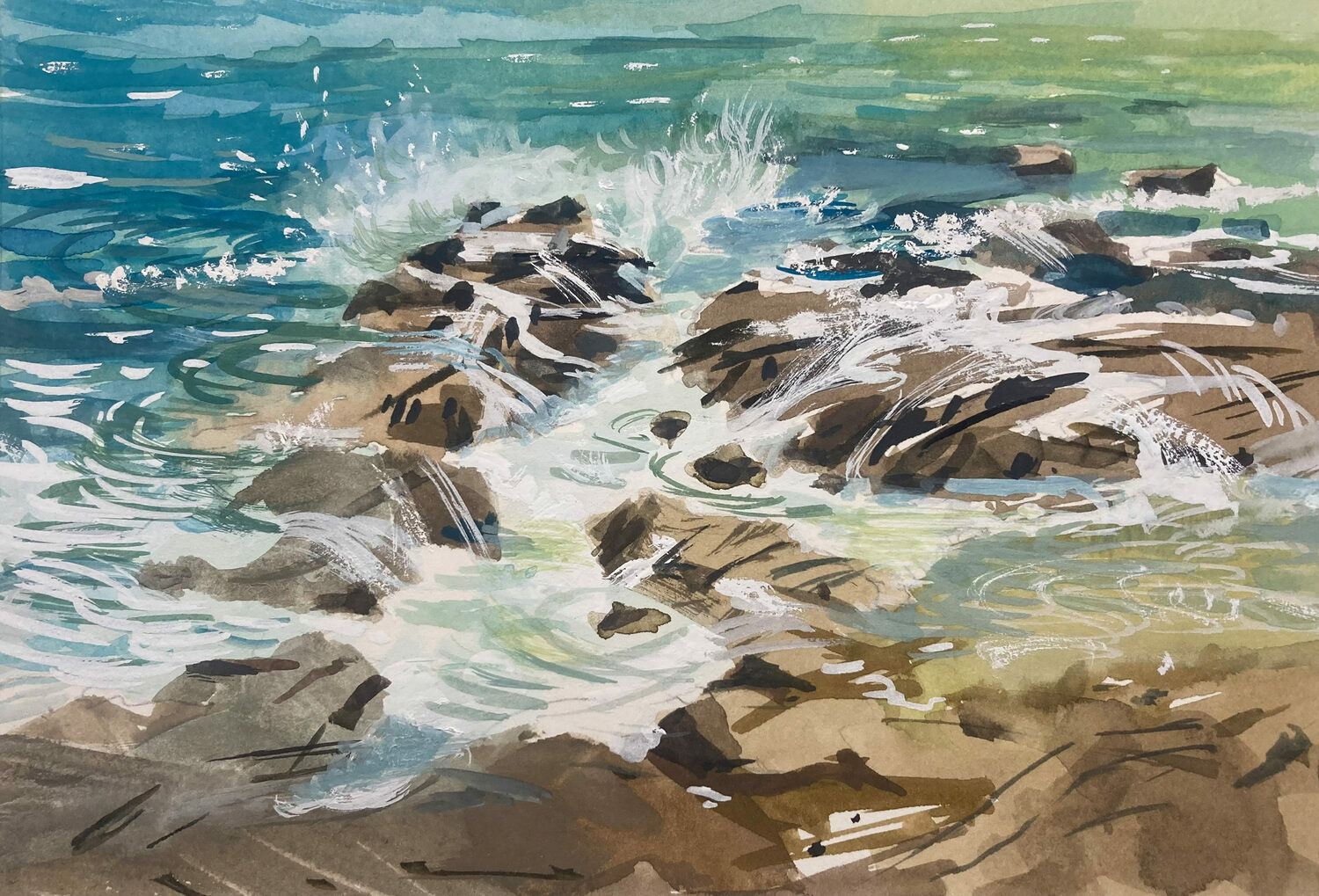 Watercolor painting of ocean waves splashing against rocky shore; turquoise and blue water with white foam contrasts with brown and gray rocks in the foreground. 15th Annual PleinAir Salon Art Competition