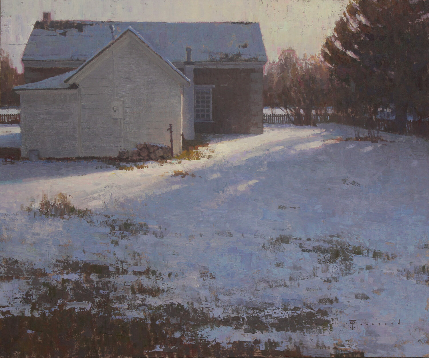 A snowy yard with patches of grass surrounds a white and brown house. Long shadows stretch across the snow, and bare trees stand in the background under a soft, pale sky. 15th Annual PleinAir Salon Art Competition