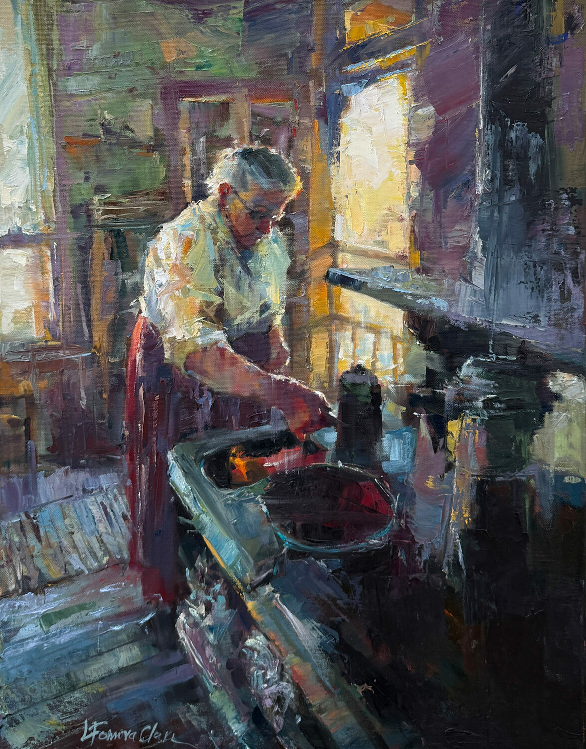 An impressionist painting of an elderly woman cooking at a stove in a sunlit, rustic kitchen. She wears glasses, a white blouse, and a red skirt, focusing intently on her task amidst soft, colorful brushstrokes. 15th Annual PleinAir Salon Art Competition