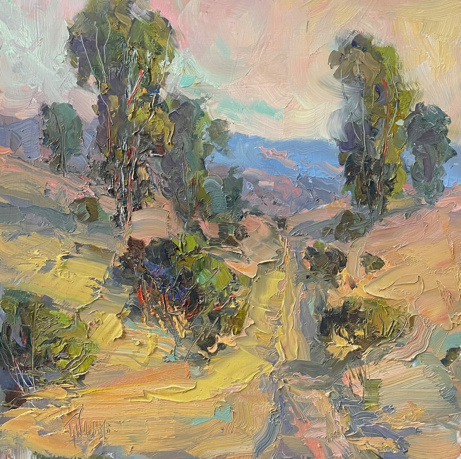 Impressionist painting of a rural landscape with a winding dirt path, tall trees, and bushes under a pastel sky, using thick, textured brushstrokes in earthy yellows, greens, blues, and pinks. 15th Annual PleinAir Salon Art Competition
