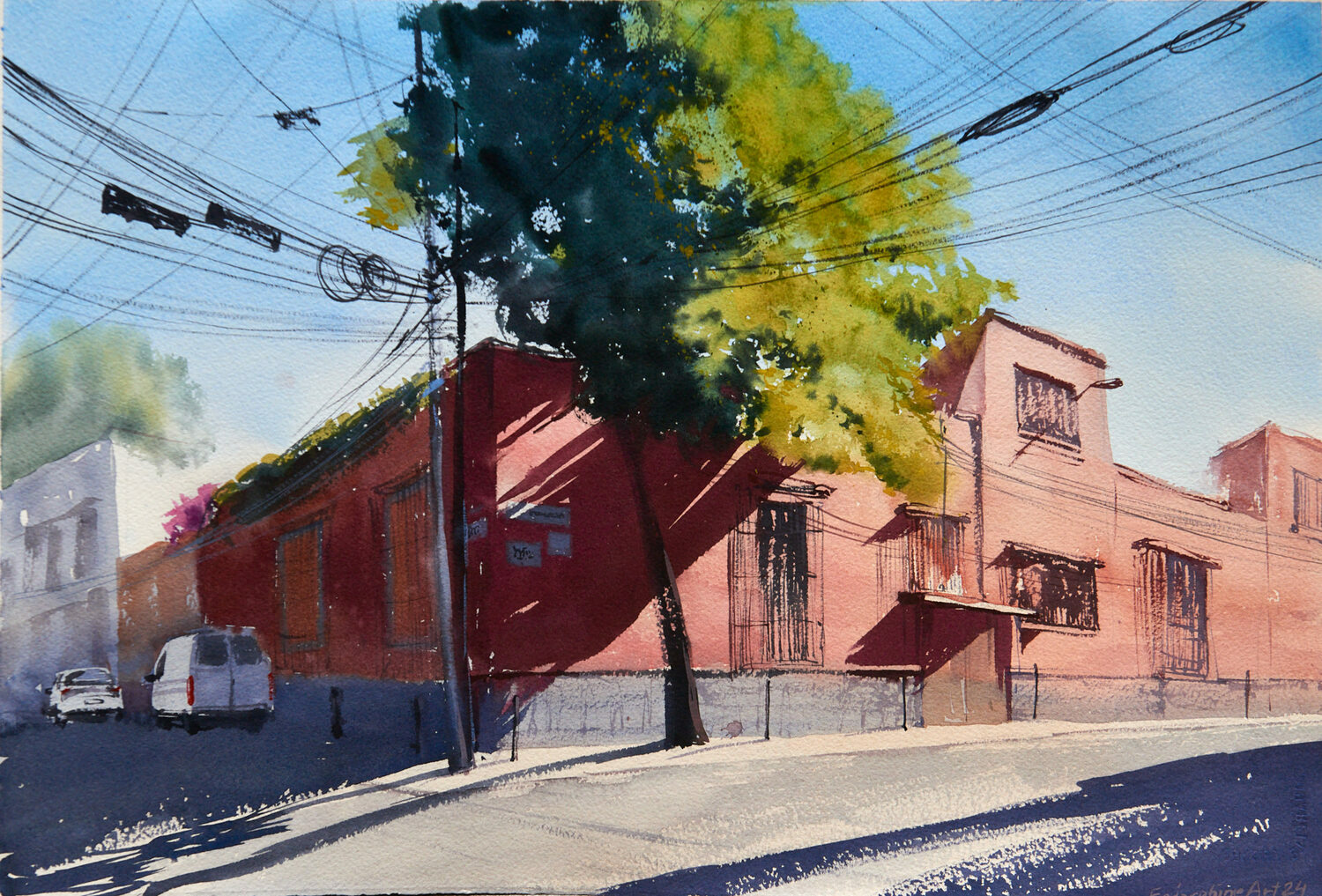 Watercolor painting of a sunny urban street corner with a red brick building, a large tree casting shade, a white van parked on the street, and power lines crisscrossing above. 15th Annual PleinAir Salon Art Competition