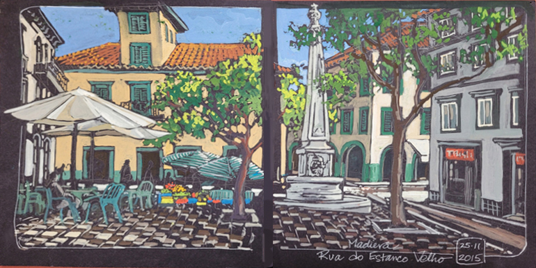 Jan Poynter, "Plaza in Madeira," gouache, 7.5 x 15 in.