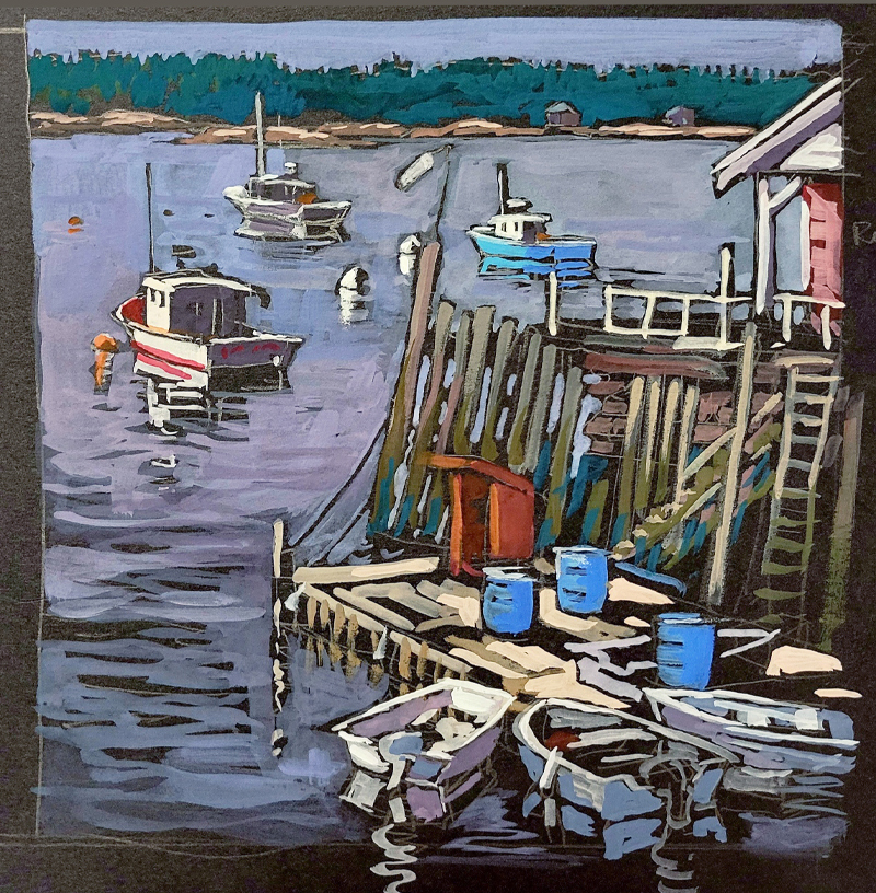 Jan Poynter, "Spruce Head - Maine," gouache on black paper, 7.5 x 7.5 in.