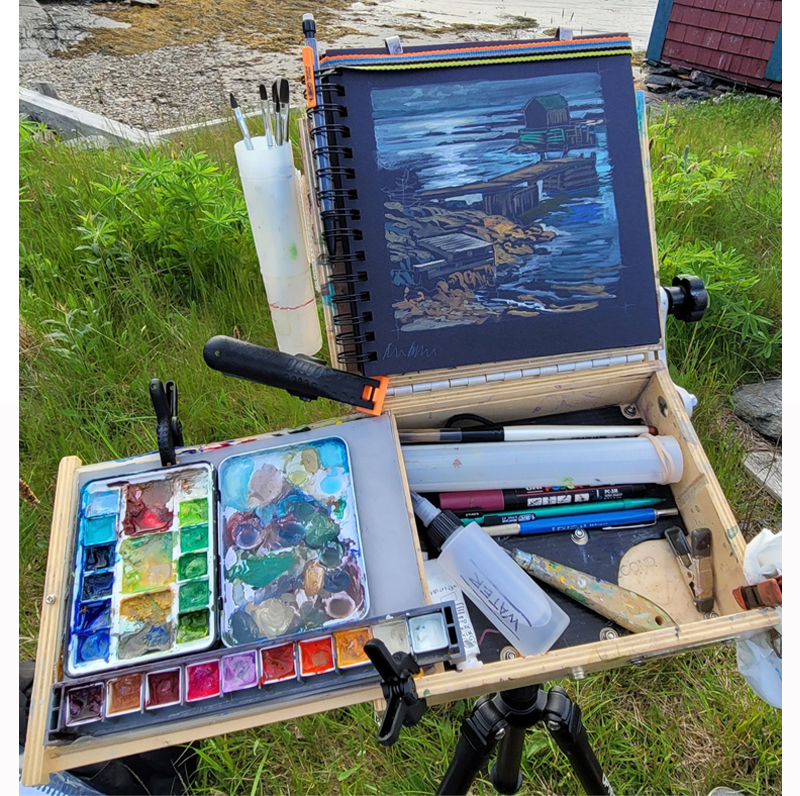 Judson's small Guerilla Box on light tripod. Spiral bound pad, gouache palette in QoR metal 1/2 pan box and extra 1/2 pans in a Box-n-Paint travel tray. Brushes in a plastic storage tube - Velcro side to the box lid. Also holds a dropper and collapsible water container.