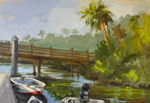 oil painting of boats docked