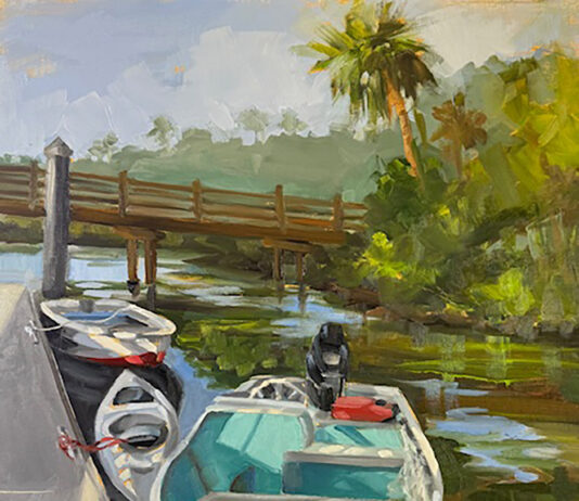 oil painting of boats docked