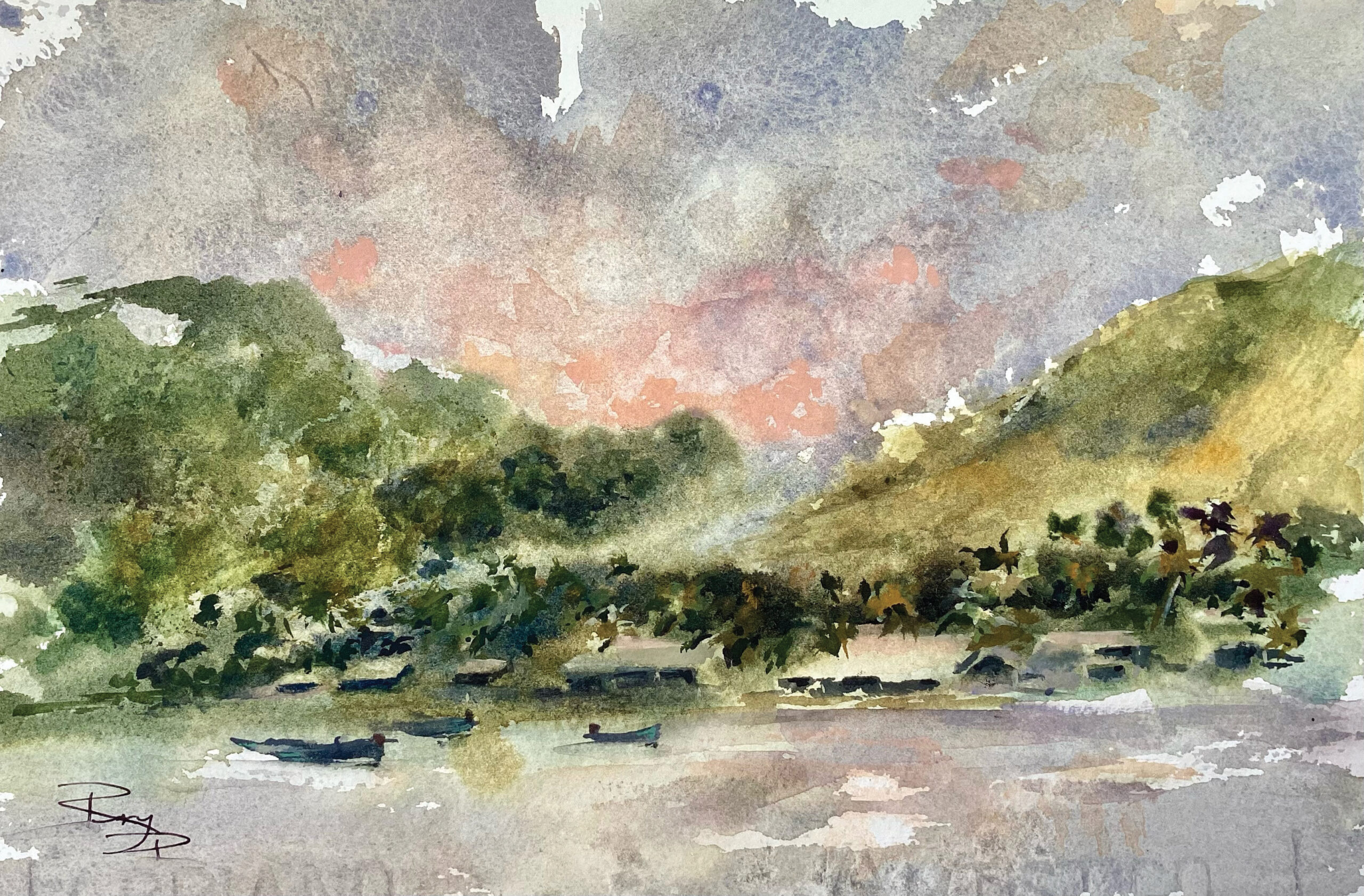 Roxy Podlogar, "Malakati Village, Yasawa Islands, Fiji," 2024, watercolor, 7 x 10 1/2 in., collection the artist, plein air