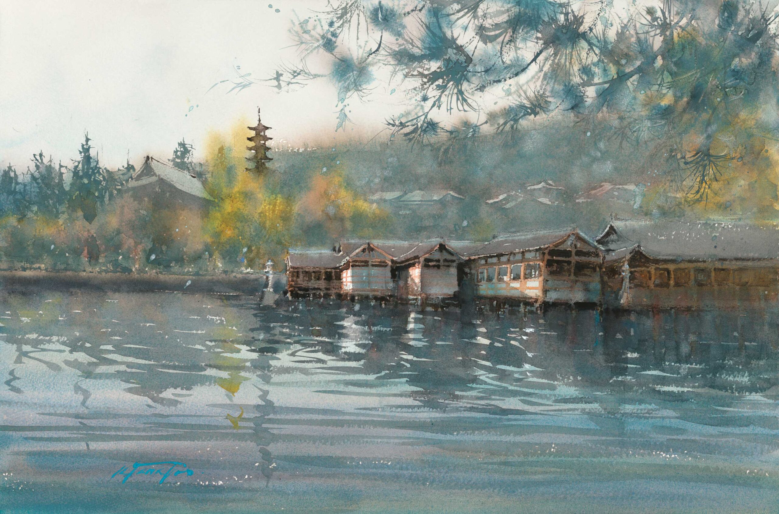 Keiko Tanabe, "Shrine Island II," 2023, watercolor, 14 1/2 x 21 1/2 in., Available from artist, Studio from plein air sketch