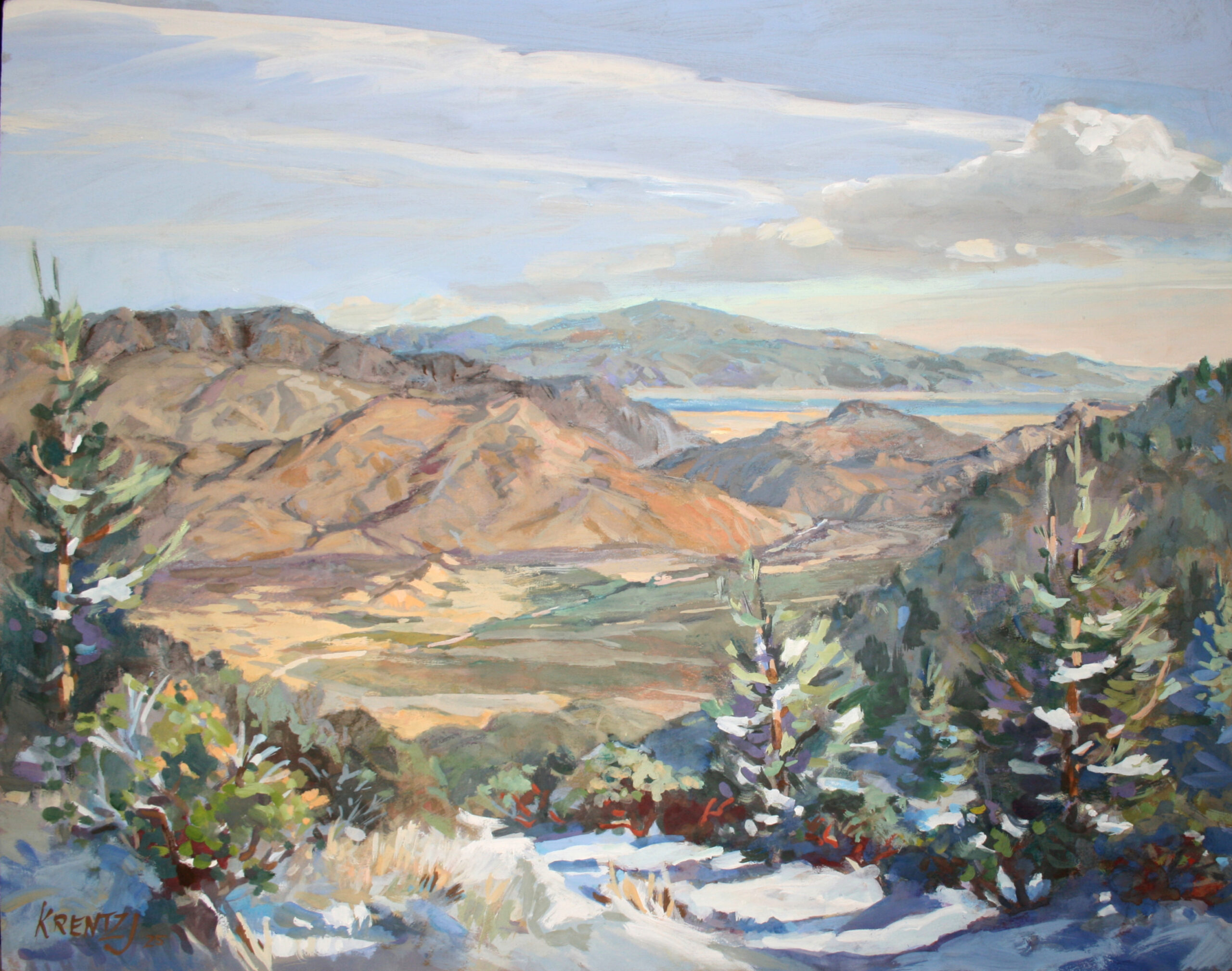 Krentz Johnson, “Snow and Sand,” 2025, casein, 16 x 20 in., Available from artist, Plein air