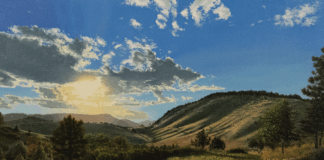 Christopher North, “Masonville Sunset,” 2024, oil, 16 x 20 in., Available from Blue Moose Art Gallery, Fort Collins, CO, Studio from plein air study