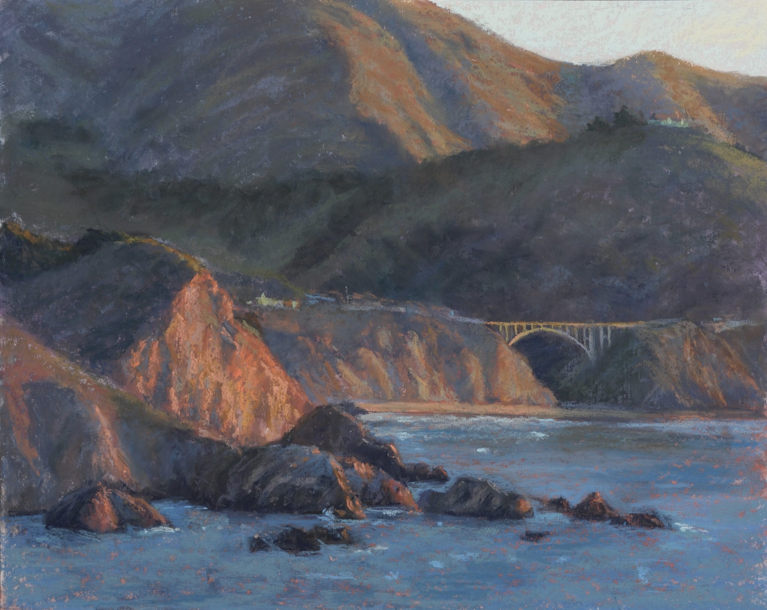 mountain landscapes - Erika Perloff, “Rising from the Sea,” 2025, pastel, 16 x 20 in., Private collection, Studio from plein air study